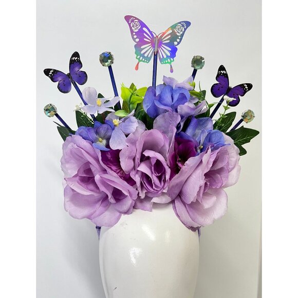 Large Floral Headpiece in Purple Costume Head Wear Hat Headband Performance - Picture 2 of 8